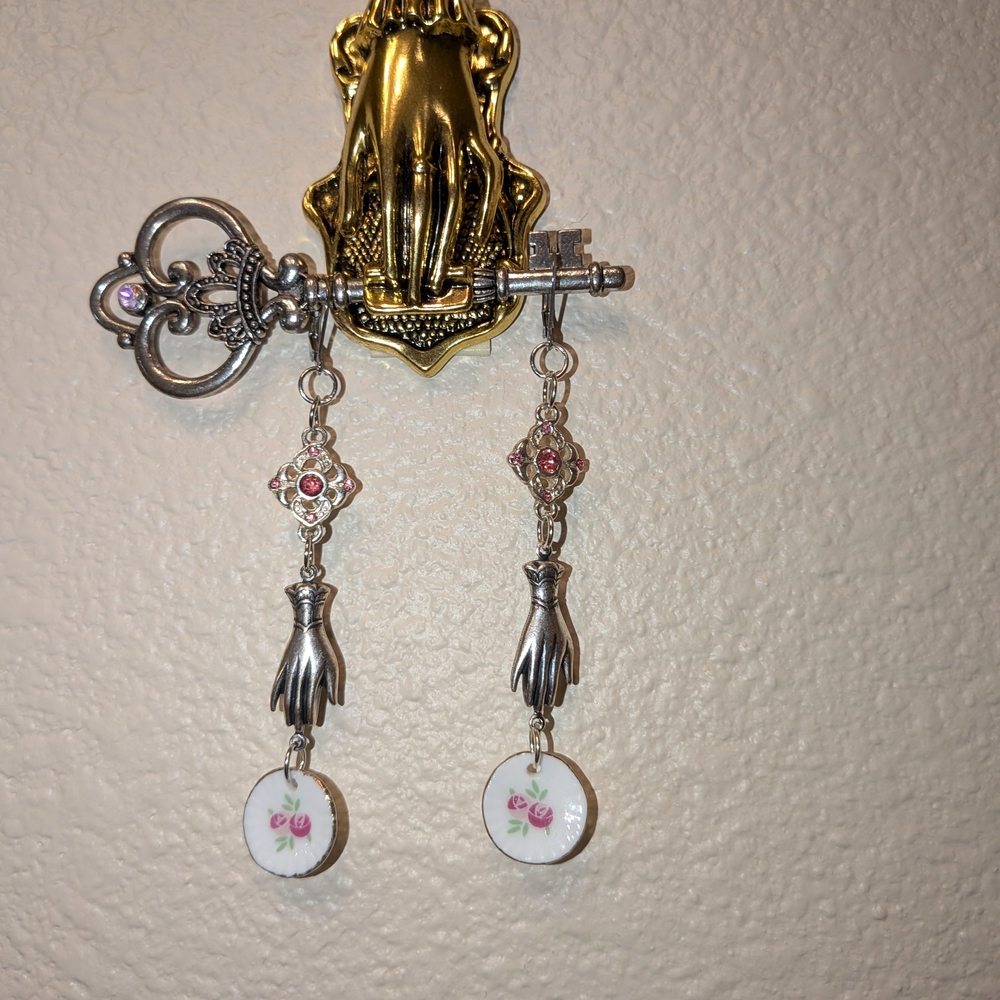 Silver Key and Hand Earrings with Floral Accents